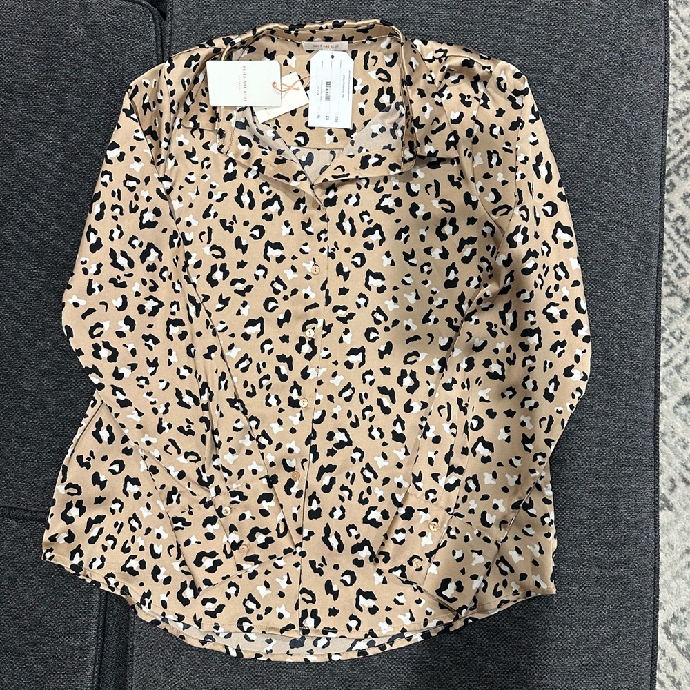 Skies Are Blue Tan Leopard-Print Button Front Blouse